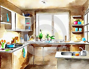 Watercolor of A very messy and dirty kitchen that needs a deep An untidy