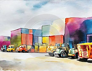 Watercolor of Vibrant construction vehicles parked near warehouse for city development and