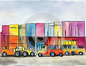 Watercolor of Vibrant construction vehicles parked near warehouse for city development and