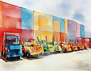 Watercolor of Vibrant construction vehicles parked near warehouse for city development and