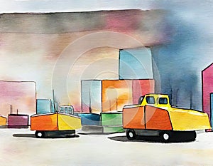 Watercolor of Vibrant construction vehicles parked near warehouse for city development and