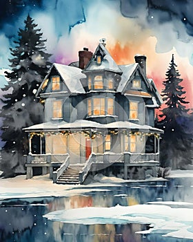 Watercolor Victorian home with christmas decorations