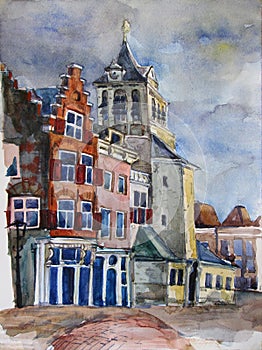 Watercolor view of Delft, the Netherlands.
