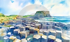 Watercolor View of the Giants Causeway, a coastline with basalt columns hexagon shaped in County Antrim, Northern Ireland, Unite photo