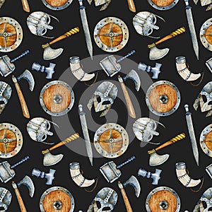 Watercolor viking weapon seamless pattern