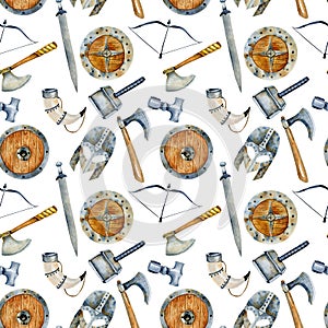 Watercolor viking weapon seamless pattern