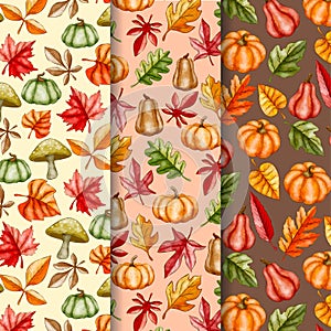 Watercolor vintage autumn leaves seamless pattern background.