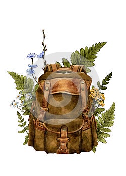 Watercolor Vintage Backpack with wildflowers, Hiking Backpack, Travel, Adventure photo