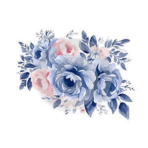 Watercolor Vintage Blue and Pink Flowers , isolated vector.