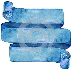 Watercolor vintage blue ribbon. Hand painted banners isolated on white background