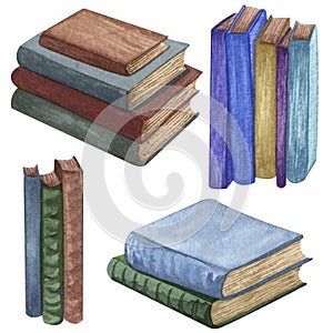 Watercolor vintage books illustration. Hand Drawn a pile of old books, open book, rare paper, candles. Antique objects