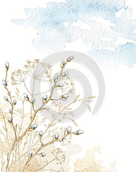 Watercolor vintage bouquet with dried twigs, willow branches and grass with clouds and earth