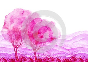 Watercolor vintage bush, a tree. pink, red silhouette of trees. illustration. Watercolor cherry blossom. Hand draw cherry blossom