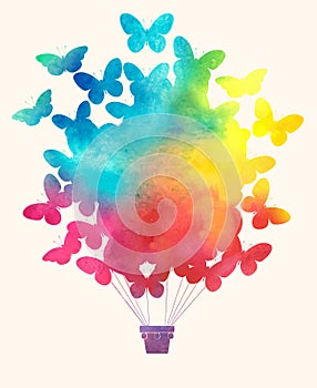 Watercolor vintage butterfly hot air balloon.Celebration festive background with balloons