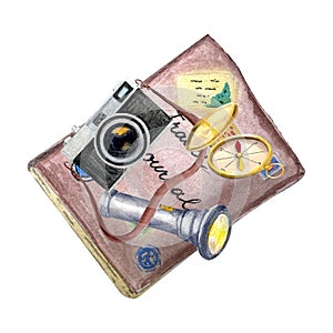 Watercolor vintage camera diary and compass composition isolated on white.