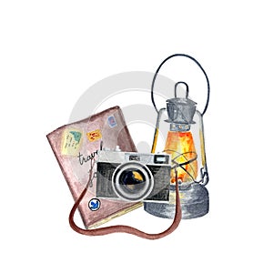 Watercolor vintage camera diary and lantern composition isolated on white.