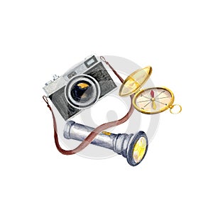 Watercolor vintage camera, flashlight and compass composition isolated on white