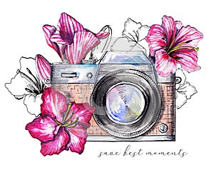 Watercolor vintage camera with flowers