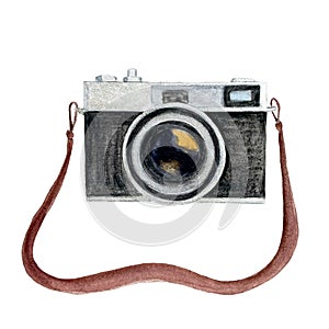 Watercolor vintage camera hand-painted illustration isolated on white. Travel set