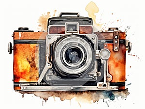 Watercolor Vintage Camera Isolated, Aquarelle Antique Photo Camera, Watercolor Photography Equipment