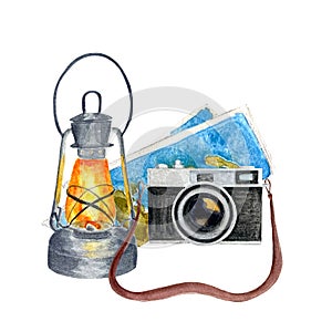 Watercolor vintage camera map and lantern composition isolated on white.