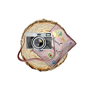 Watercolor vintage camera map and tree stump composition isolated on white.