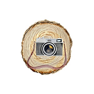 Watercolor vintage camera tree stump composition isolated on white.