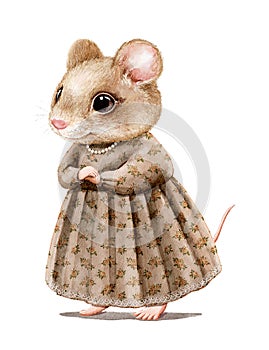 Watercolor vintage cartoon mouse in dress