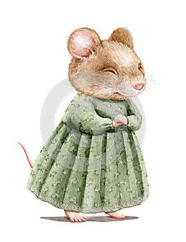 Watercolor vintage cartoon mouse in dress