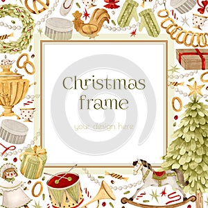 Watercolor vintage Christmas frame with toys and gifts