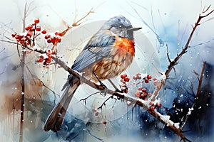 Watercolor vintage Christmas landscape with a bird. Ai art