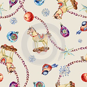 Watercolor vintage Christmas toys seamless pattern. Wooden horse, star, red apple, pearl garland beads texture