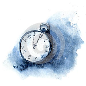 Watercolor vintage clock. Christmas illustration with snow and pocket watch isolated on white background. Five minutes