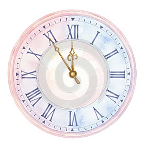 Watercolor Vintage Clock with Pastel Pink and Blue