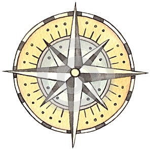 Watercolor Vintage Compass, Hand drawing illustration