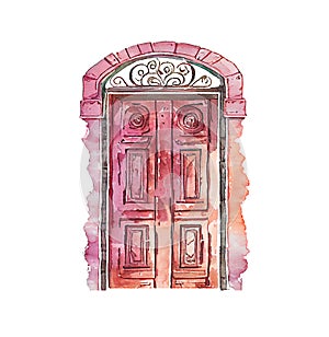 watercolor vintage door illustration. Old wooden door with flowers on white background