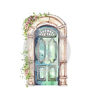 watercolor vintage door illustration. Old wooden door with flowers on white background