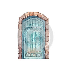 watercolor vintage door illustration. Old wooden door with flowers on white background