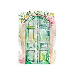 watercolor vintage door illustration. Old wooden door with flowers on white background