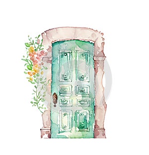 watercolor vintage door illustration. Old wooden door with flowers on white background