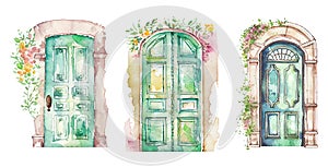 watercolor vintage door illustration. Old wooden door with flowers on white background