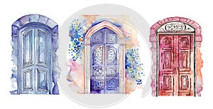 watercolor vintage door illustration. Old wooden door with flowers on white background