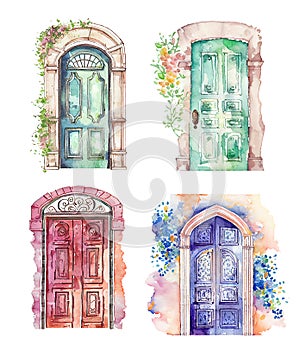 watercolor vintage door illustration. Old wooden door with flowers on white background