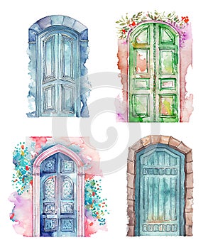 watercolor vintage door illustration. Old wooden door with flowers on white background