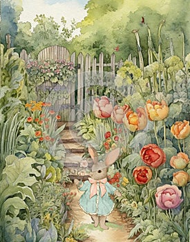 watercolor vintage drawing of a rabbit in vintage clothes walking in the garden, vintage postcard