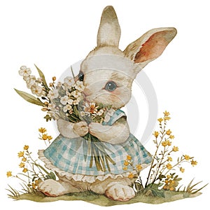 Watercolor vintage Easter bunny rabbit girl in dress holding bouquet with spring flower and willows. Illustration clip