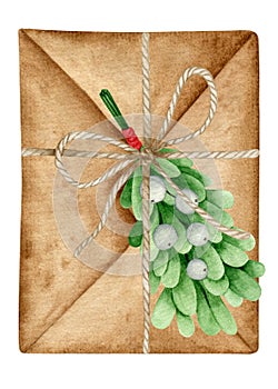 Watercolor vintage envelope decorated mistletoe bouquet. Christmas hand drawn illustated