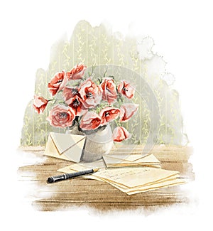 Watercolor vintage envelopes and sheets of paper and vase of poppy flowers