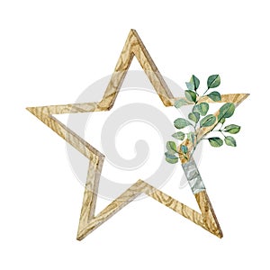 Watercolor vintage eucalyptus decor. Hand drawn stars, leaves, plants, wooden textured sign on white background.