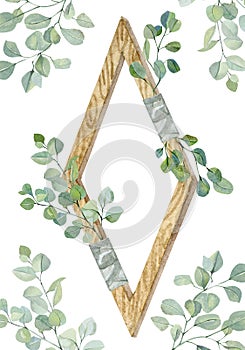Watercolor vintage eucalyptus. Hand drawn rustic frame, leaves, plants, wooden textured sign on white background.